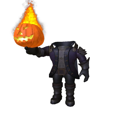 Headless Horseman wearing a dark armored coat and holding a flaming jack-o'-lantern
